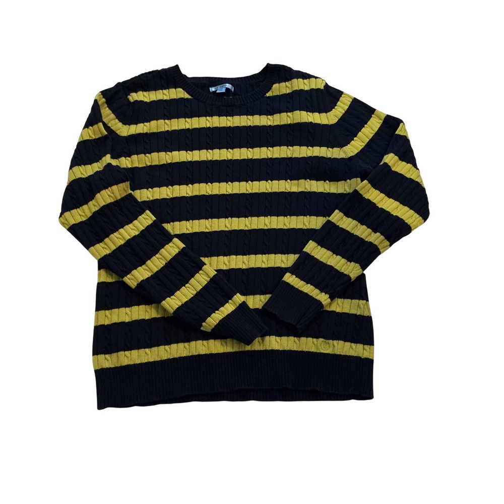 IZOD women's‎ Cable Knit Sweater Navy Yellow Crew Neck Long Sleeve Pullover